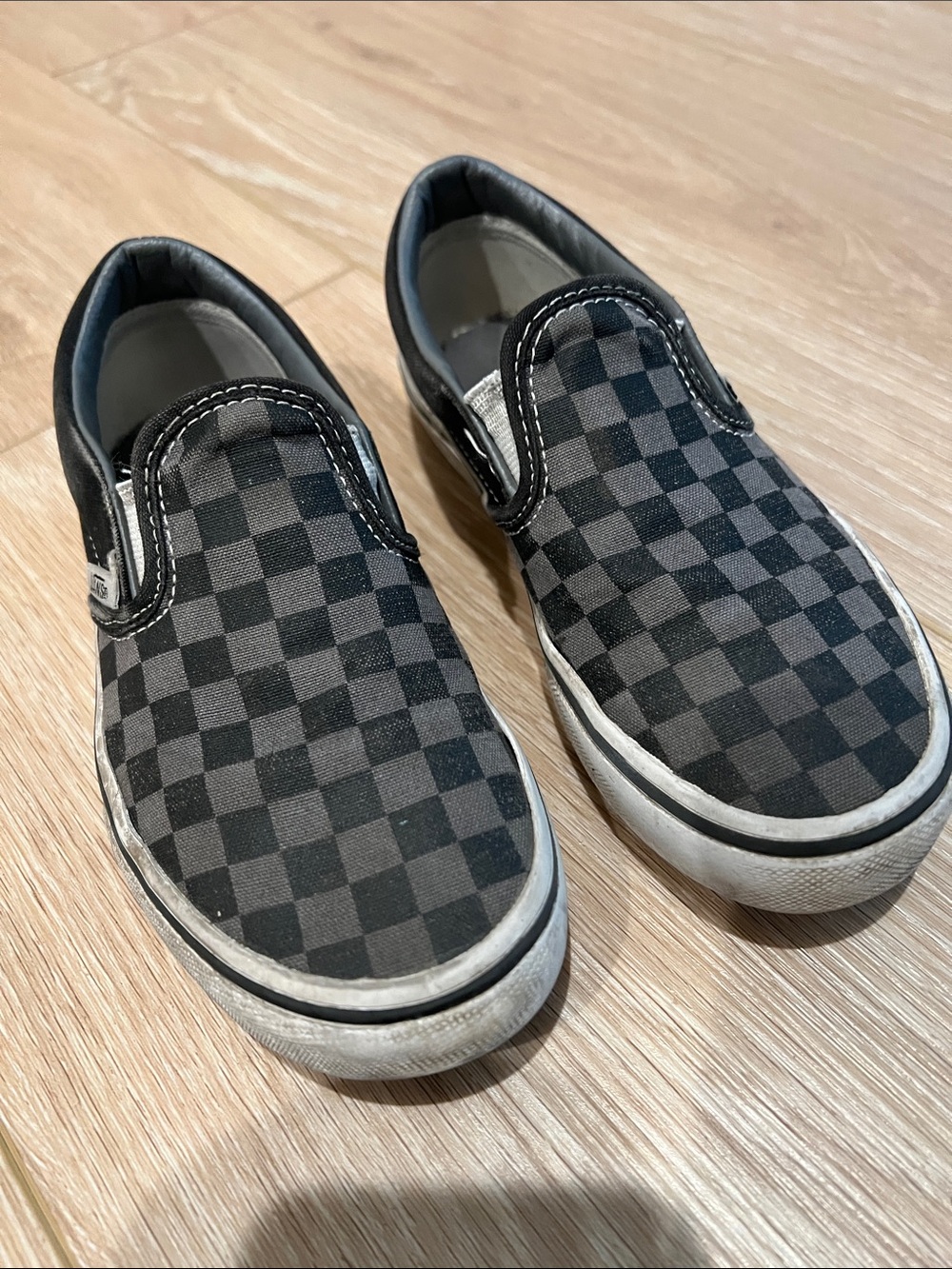 Kids slip on checkered vans, black and gray, little kid size 1.5